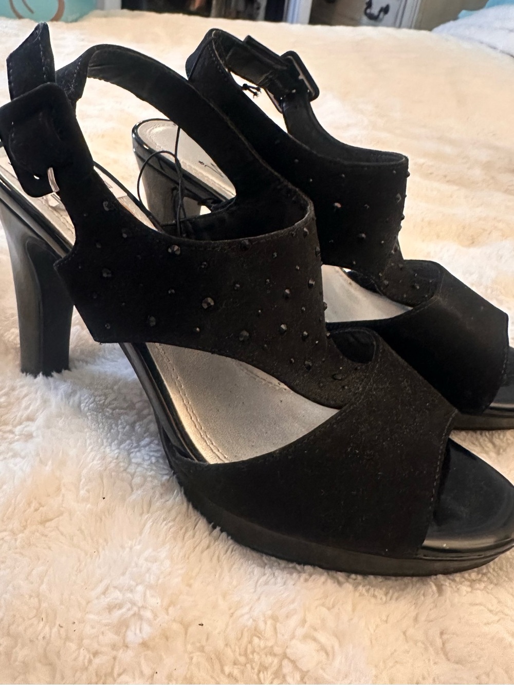 Impo Black Open-Toe Slingback Heels with Subtle Stud Accents